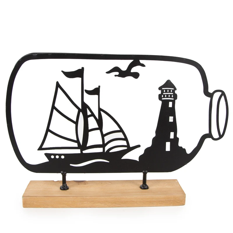 Logbuch-Verlag Flaschenpost Segelschiff und Leuchtturm maritimes Deko Objekt zum Hinstellen Geschenkidee Meer Küste schwarz Metall Holz 8 x 4,5 x 18 cm
