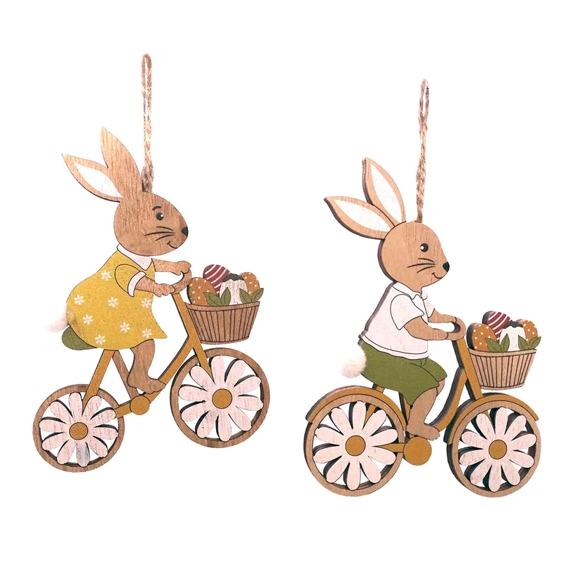 Holzanhänger Hase auf Fahrrad 9x12 cm – 2er-Set sortierte Osterdeko zum Aufhängen mit Eiern im Korb – Frühlingsdeko aus Holz – Logbuch-Verlag
