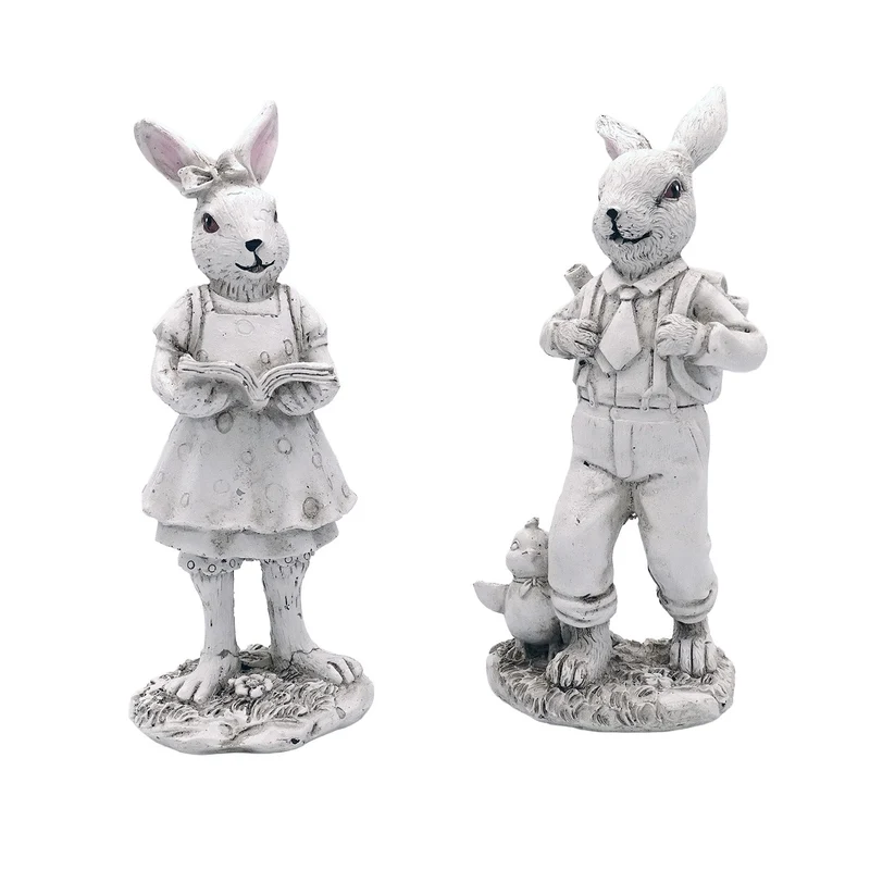 Logbuch-Verlag 2er-Set Hasenfiguren 16 cm aus Polyresin – sortierte Osterdeko in Steinoptik mit Buch & Vogel – Elegante Frühlingsdeko Figuren