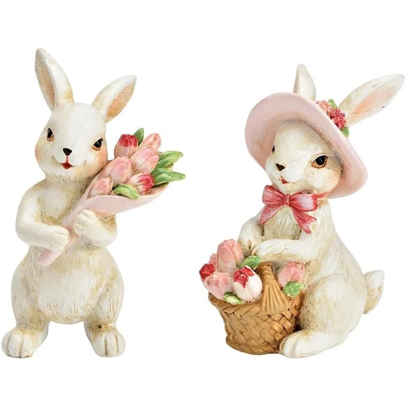 Logbuch-Verlag Hasen Dekofigur 2er Set Weiß mit Korb & Tulpenstrauß aus Poly 7x12x6 cm Osterdeko Frühling Vintage Dekofiguren