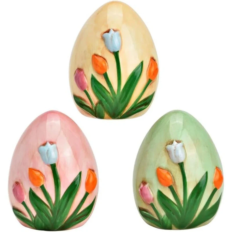 Logbuch-Verlag Keramik Osterei mit Blumen Deko 3er Set Beige Rosa Grün 6x8x6 cm Frühling Osterdeko zum Hinstellen Ei Figur
