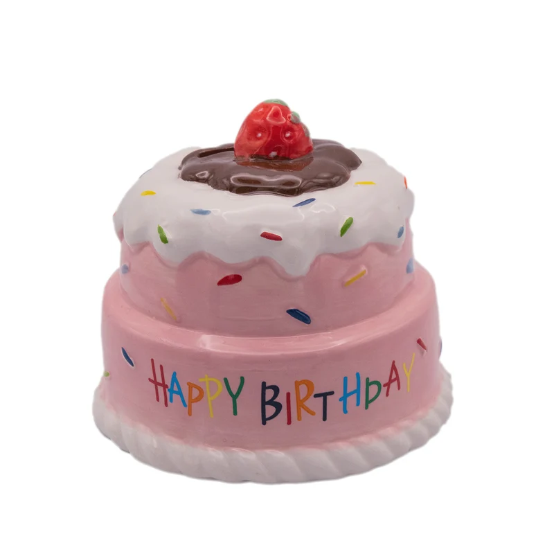 Spardose Geburtstagstorte rosa 12 cm – Keramik-Spardose Happy Birthday mit Erdbeere als Geburtstagsgeschenk oder Deko – Logbuch-Verlag