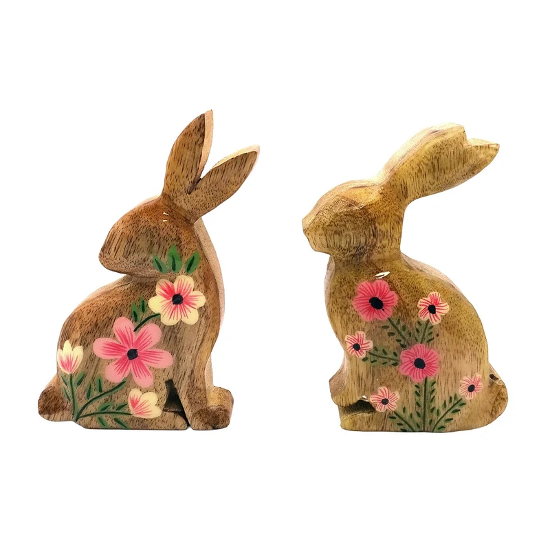 Logbuch-Verlag Deko-Hasen Holz 2er-Set 10x2,8x14 cm – natürliche Osterdeko aus Mangoholz mit Blumen – Frühjahrsdeko zum Hinstellen