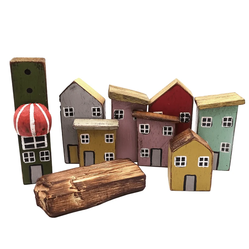 Logbuch-Verlag Holzhäuser 6er-Set Vintage 29x4x12 cm – Dekofigur Häuserzeile aus Albizia-Holz – Bunte Fensterbank-Deko Landhausstil
