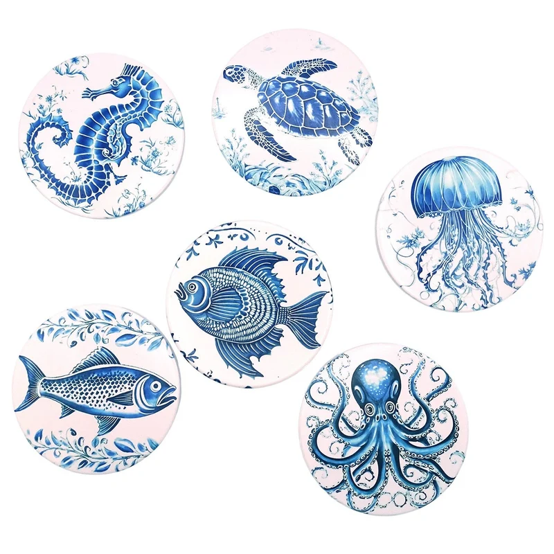 Logbuch-Verlag Keramik-Untersetzer Set 6-TLG. 10,3 cm – runde Blaue Meeresmotive: Oktopus, Fisch, Qualle u.?a. – Maritime Untersetzer Blau-Weiß