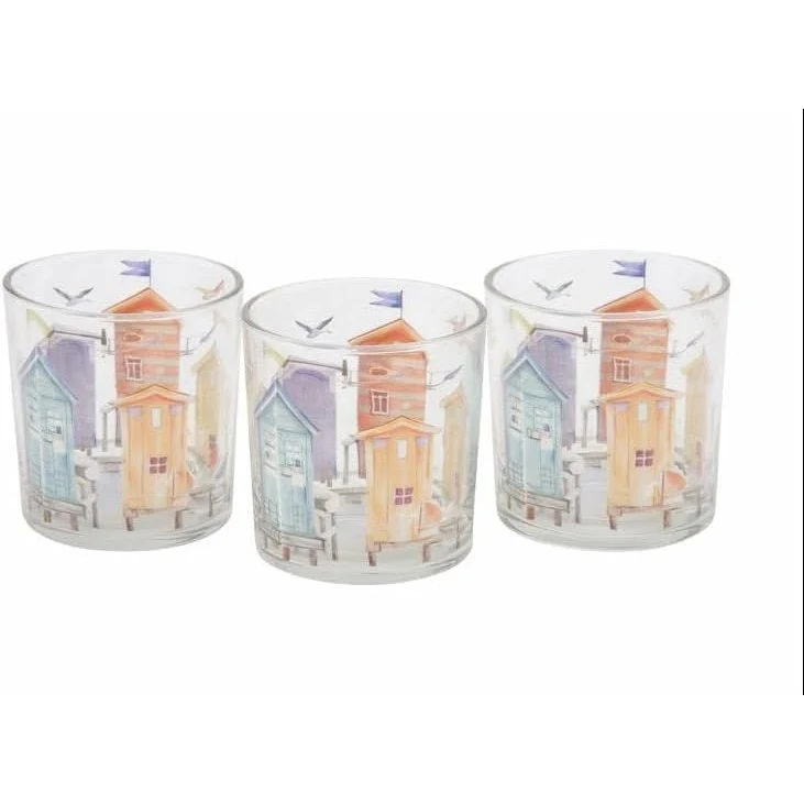 3er Set Teelichthalter Glas 7x7x8 cm – Windlichter mit Buntem Häuser-Motiv, Glaslichter als Deko für Fensterbank, Tisch oder Balkon – Logbuch-Verlag