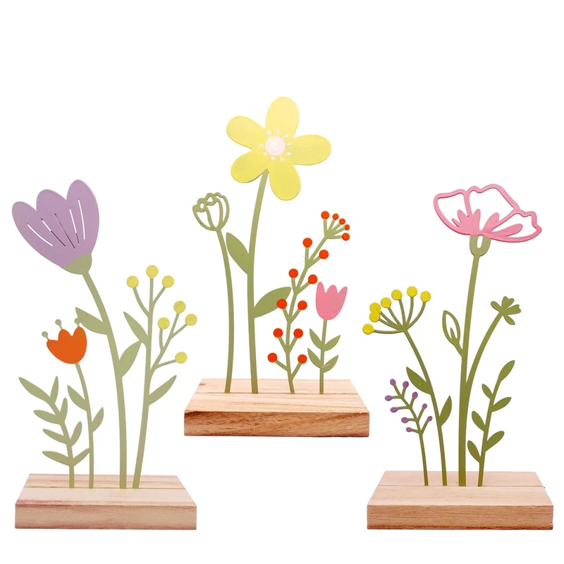 Logbuch-Verlag 3er Set Blumen Figuren aus Metall und MDF 12x6x23,5 cm – Frühlingsdeko zum Hinstellen, Blumen-Deko für Fensterbank, Regal oder Tisch
