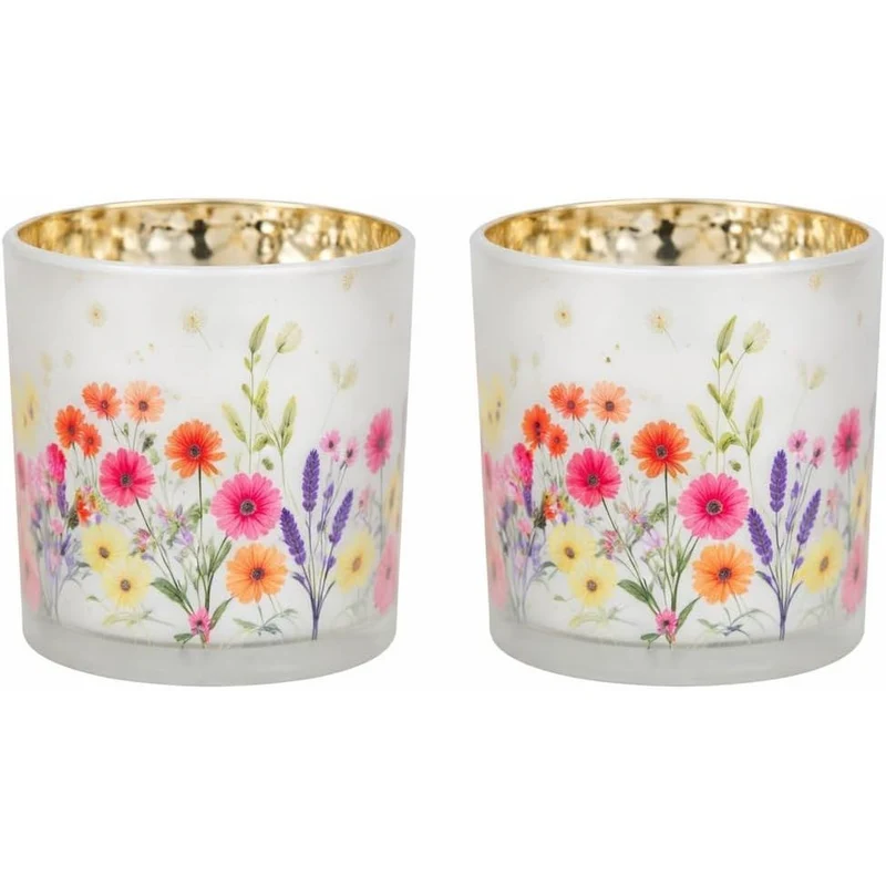 2er Set Windlichter mit Blumenwiese 7x8x7 cm – Teelichthalter aus Glas mit floraler Frühlingsdeko, Glaslichter für Tisch, Fensterbank oder Geschenk – Logbuch-Verlag