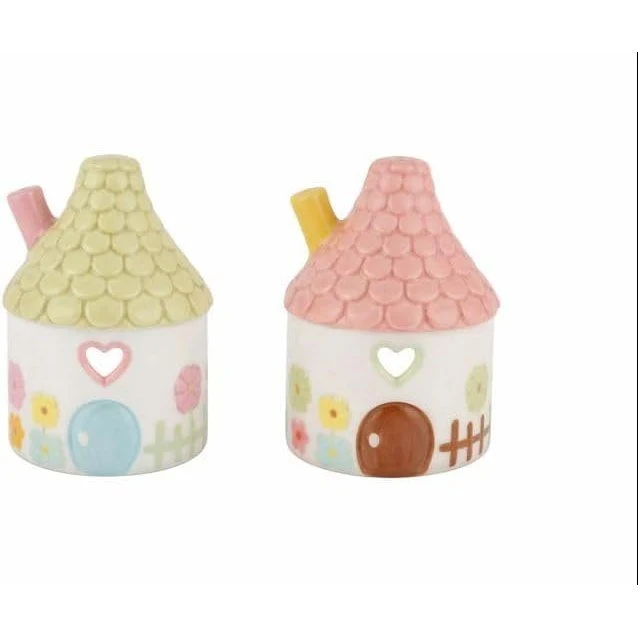 Logbuch-Verlag 2er Set Haus-Figuren aus Keramik 7,5x7,5x11,5 cm – Pastell Deko-Häuser zum Hinstellen für Frühling, Kinderzimmer oder Jahreszeitentisch