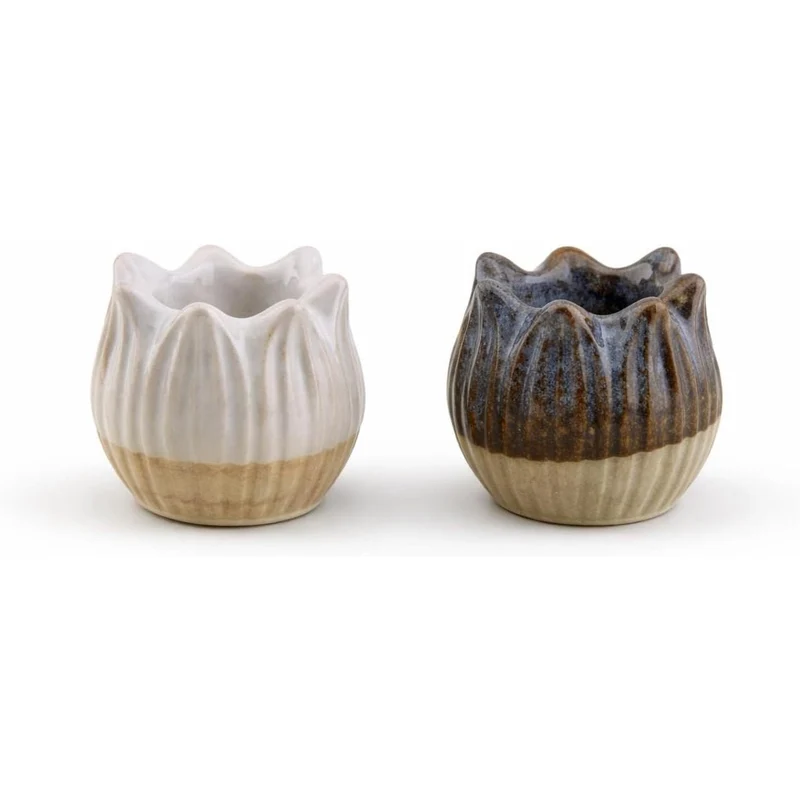 Porzellan-Kerzenhalter Tulpe 2er Set glasiert 4 cm – Creme und braun Sortiert – kleine Kerzenständer für Stabkerzen – Frühling & Ostern – Logbuch-Verlag