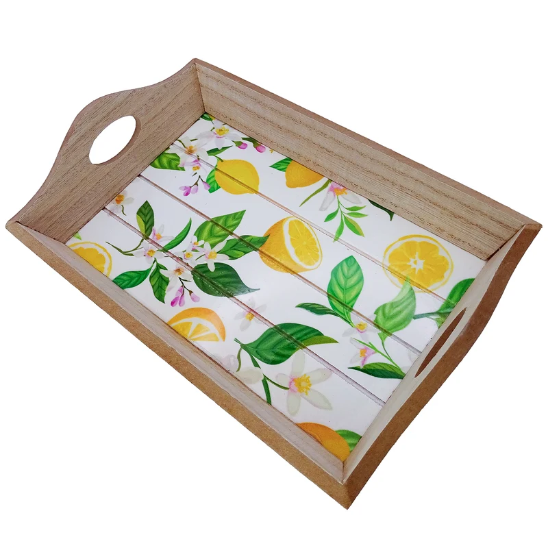 Holztablett Zitrone 23x15 cm – Serviertablett aus Holz mit sommerlichem Zitronen-Motiv, Deko-Tablett Natur-gelb-weiß für Küche, Balkon, Frühstück – Logbuch-Verlag