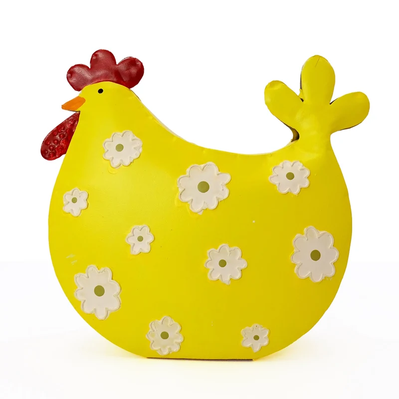 Logbuch-Verlag Metall-Henne Gelb mit Streublumen 13,5 cm – Fröhliche Osterdeko aus Metall, Frühlingsdeko zum Aufstellen für Tisch, Regal oder Fensterbrett