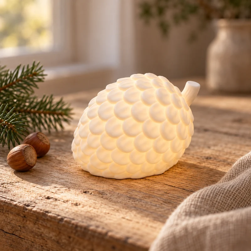 LED Deko Pinienzapfen „Pino“ liegend Porzellan Weiß Timer