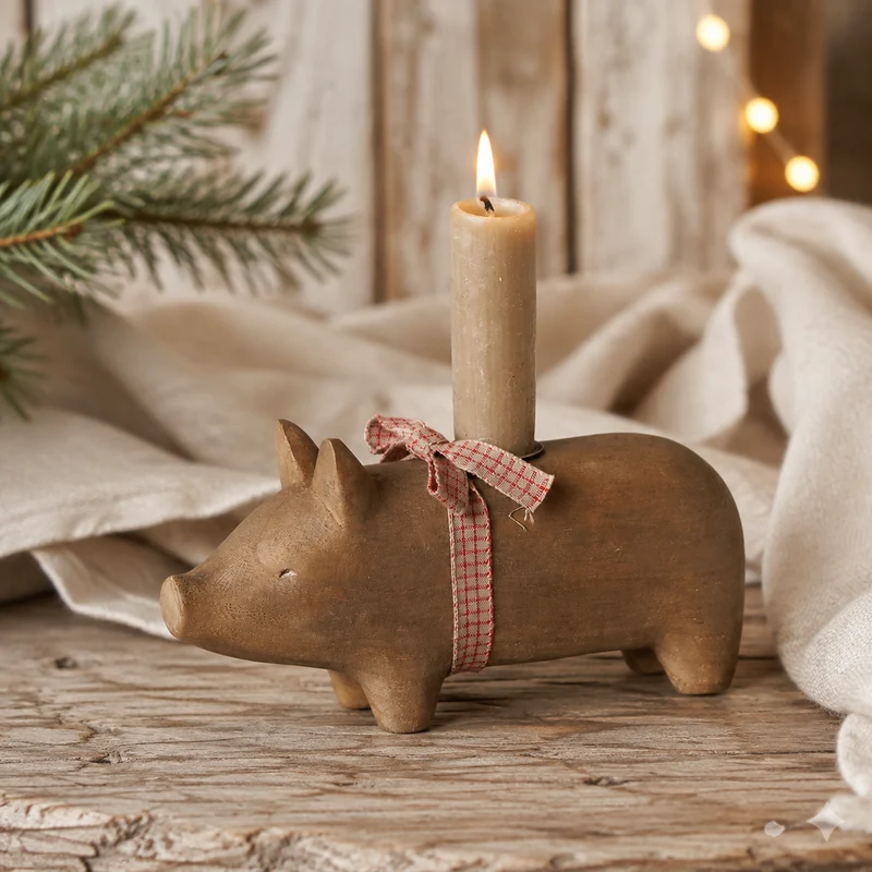 Maileg Kerzenhalter Schwein Holz Mittel Natur