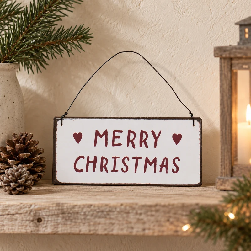 Schild „Merry Christmas“ Herzen Metall Weiß Rot 15cm
