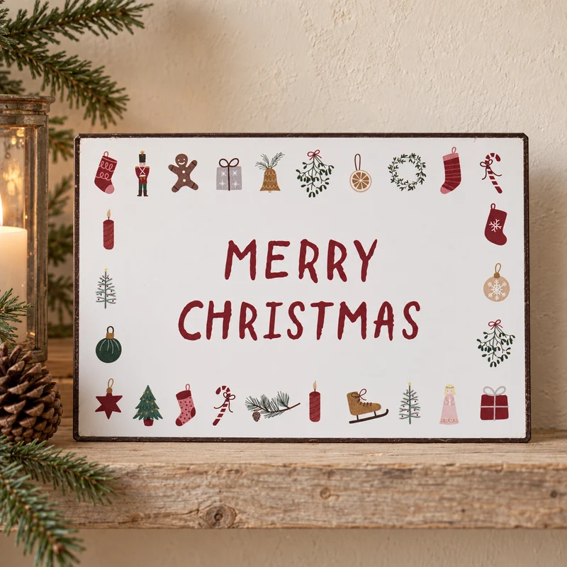 Schild „Merry Christmas“ Weihnachtsmotive Metall Weiß Rot 20cm