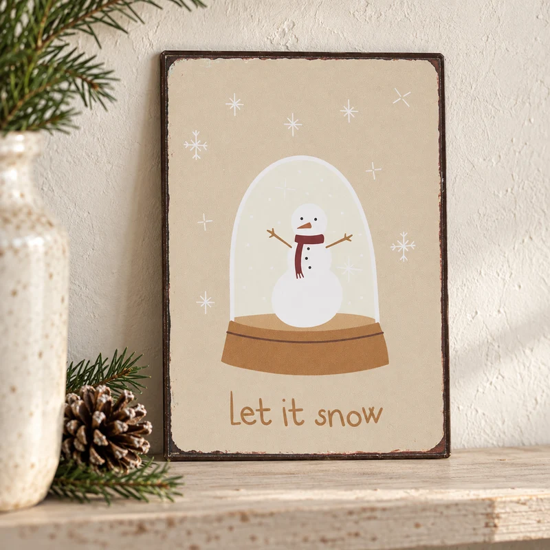 Schild „Let it snow“ Schneekugel Metall Beige 20cm