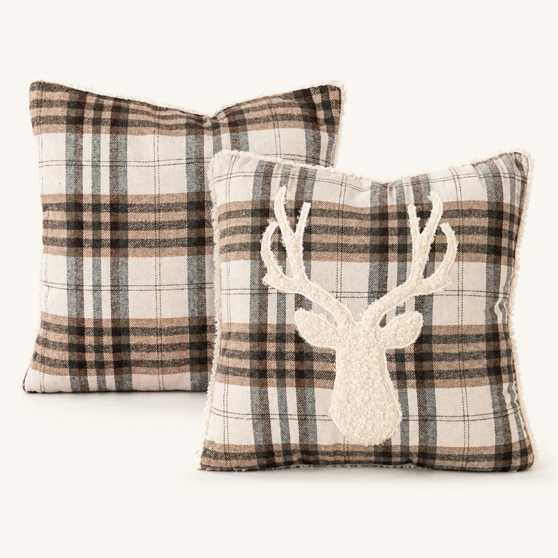 Kissen 2er Set „Hirsch“ Karo Creme Beige 45cm – 2 Farben