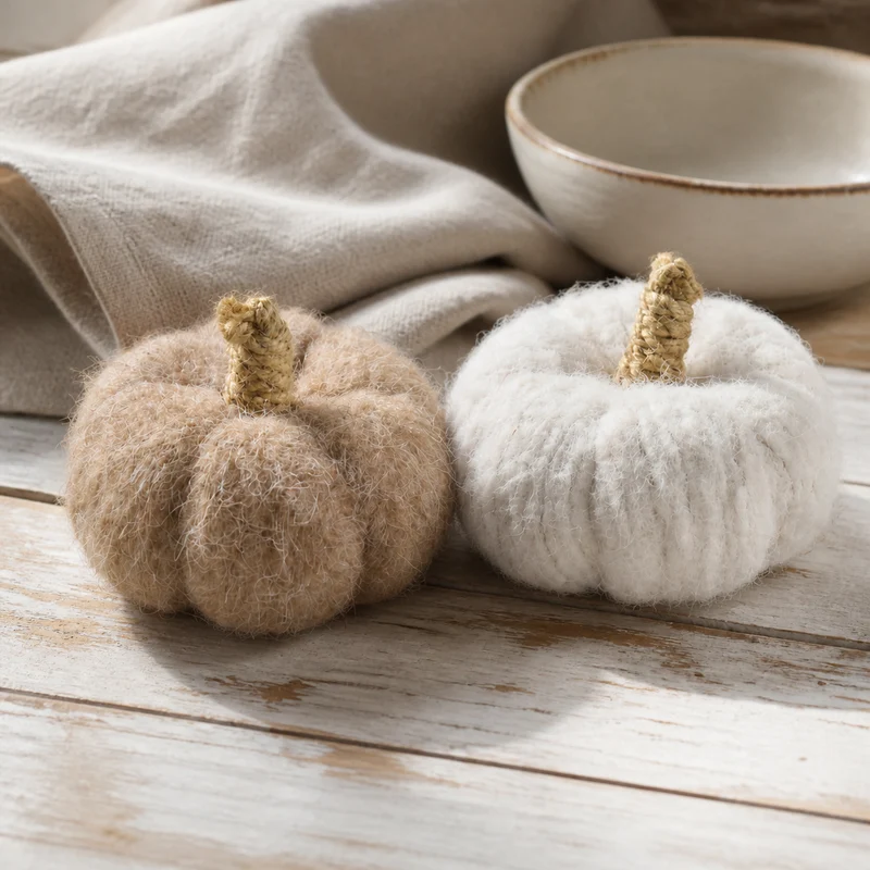 Deko Kürbis "Mellow Mini" Stoff Creme Braun 2er Set 9cm