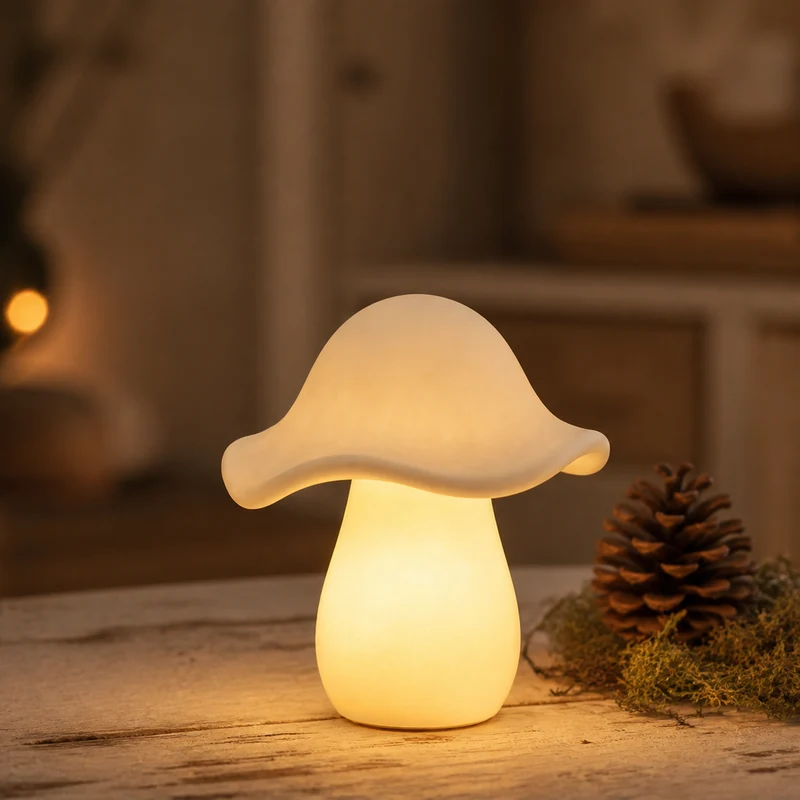LED Deko Pilz "Steinpilz" Porzellan Creme Timer 13cm