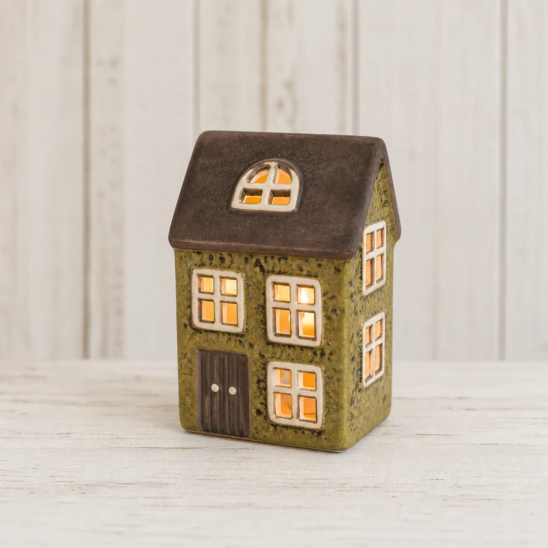 Haus Teelichthalter "Greta" Keramik Grün Braun 14cm