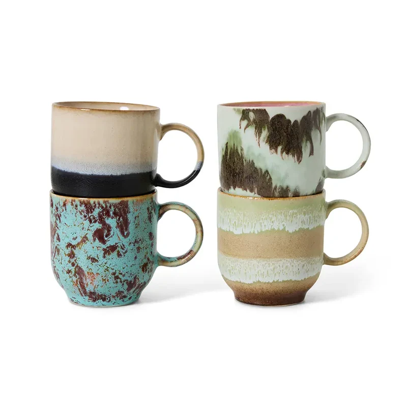 HKLiving 70s Ceramics Café Becher Abstract – 4er Set, 250 ml Stoneware