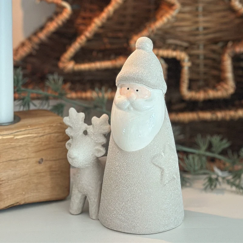 Deko Figur Weihnachtsmann "Santa & Rentier" Raustein glasiert beige 14cm 2 Varianten