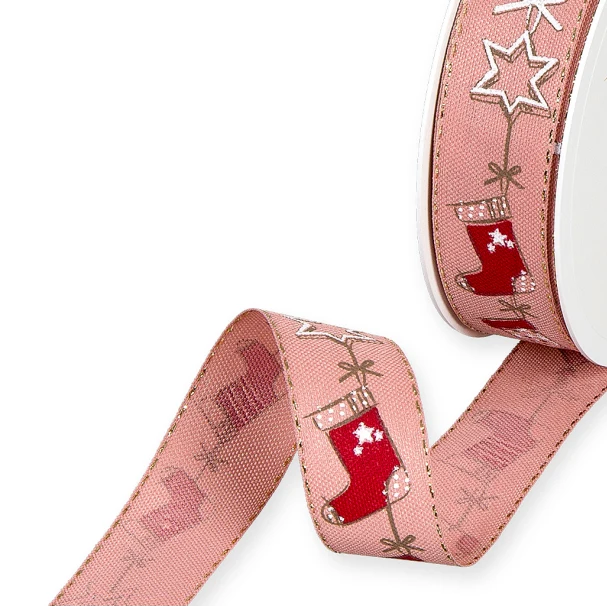 Dekoband "Stiefel Weihnachten" Rosa Rot Baumwolle 25mm