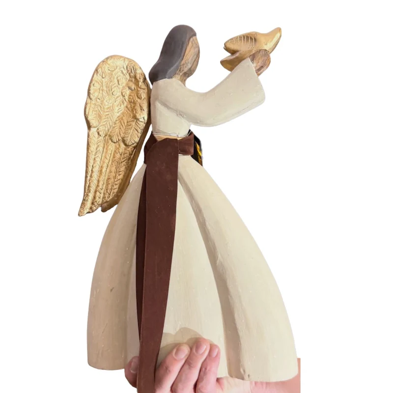 Engel Figur LIA: Großer Holzengel mit goldener Taube & Flügeln