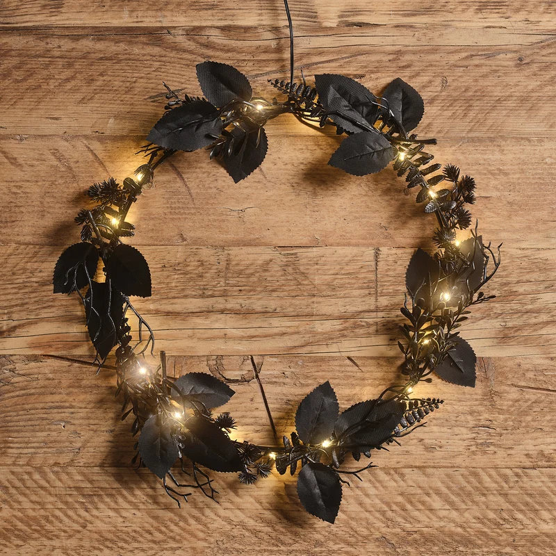 30cm Halloweenkranz schwarzes Laub mit Beleuchtung