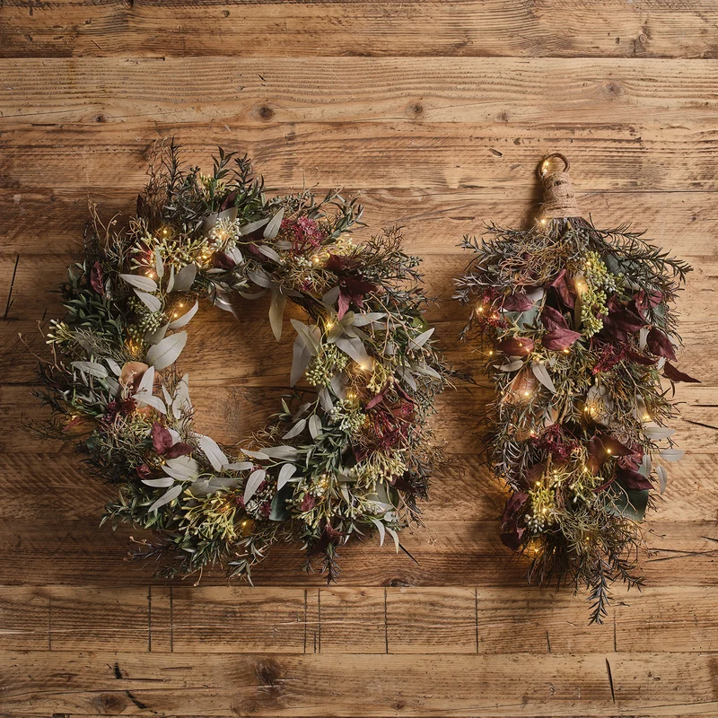 Set aus Kranz & Wandstrauß für Herbst und Winter mit integrierter Beleuchtung