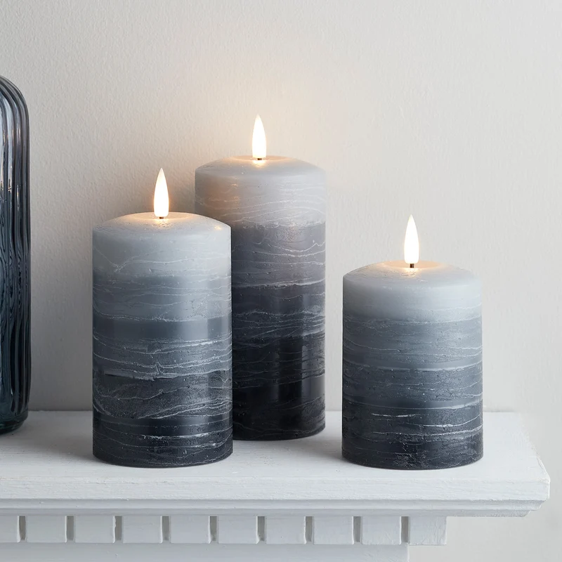 TruGlow® LED Kerzen Echtwachs Trio rustikal gestreift grau mit Fernbedienung