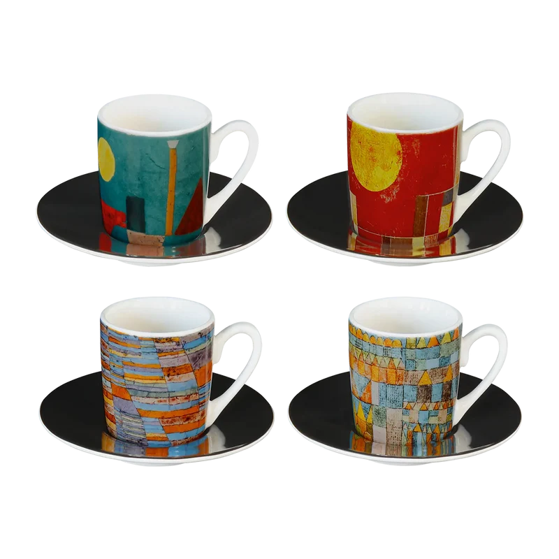 Vier Espresso-Tassen mit Künstlermotiven im Set