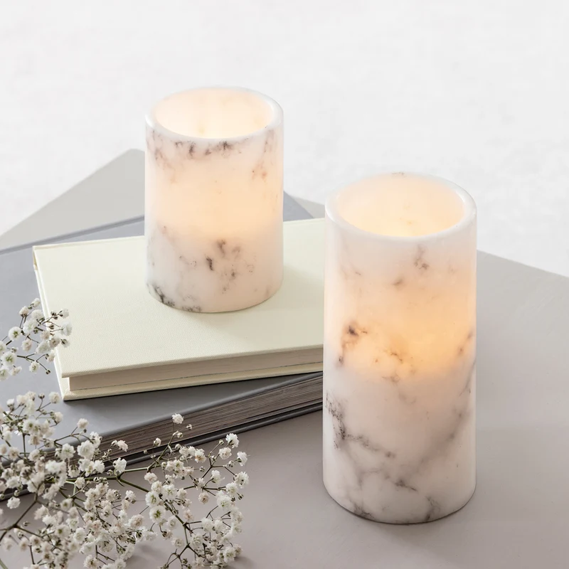 2er Set LED Marmor Stumpenkerzen Echtwachs