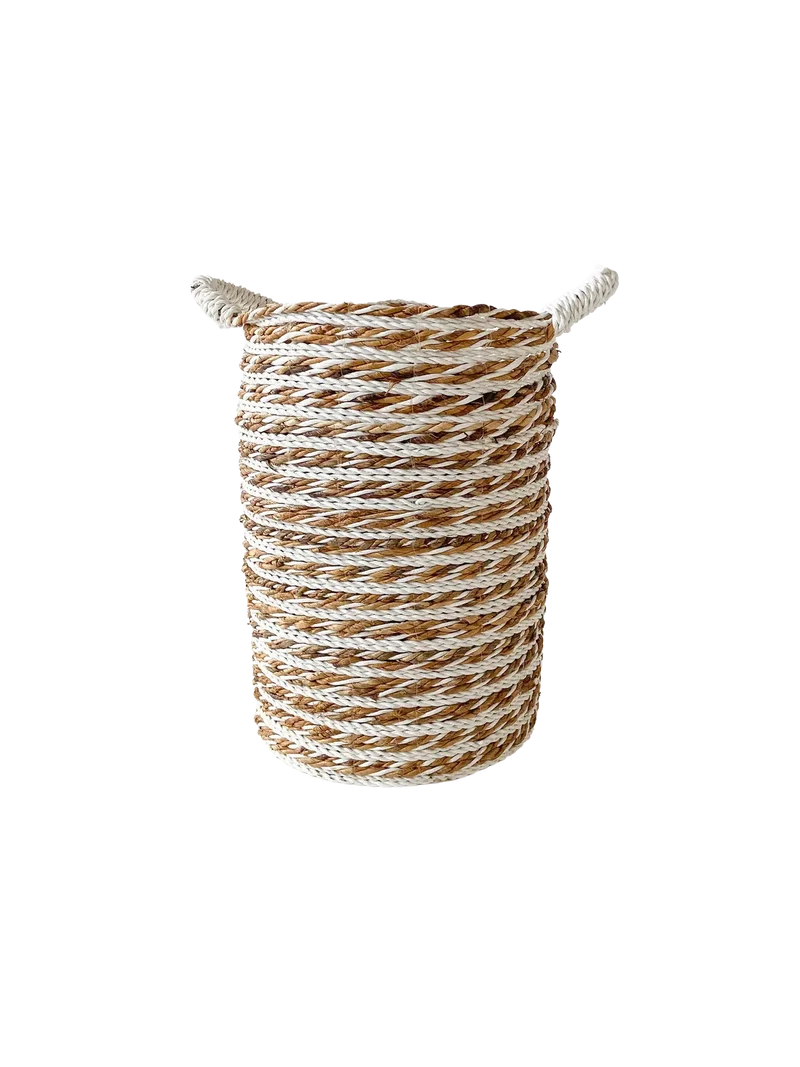 Runder Flechtkorb, Rattan, Natur-Weiß
