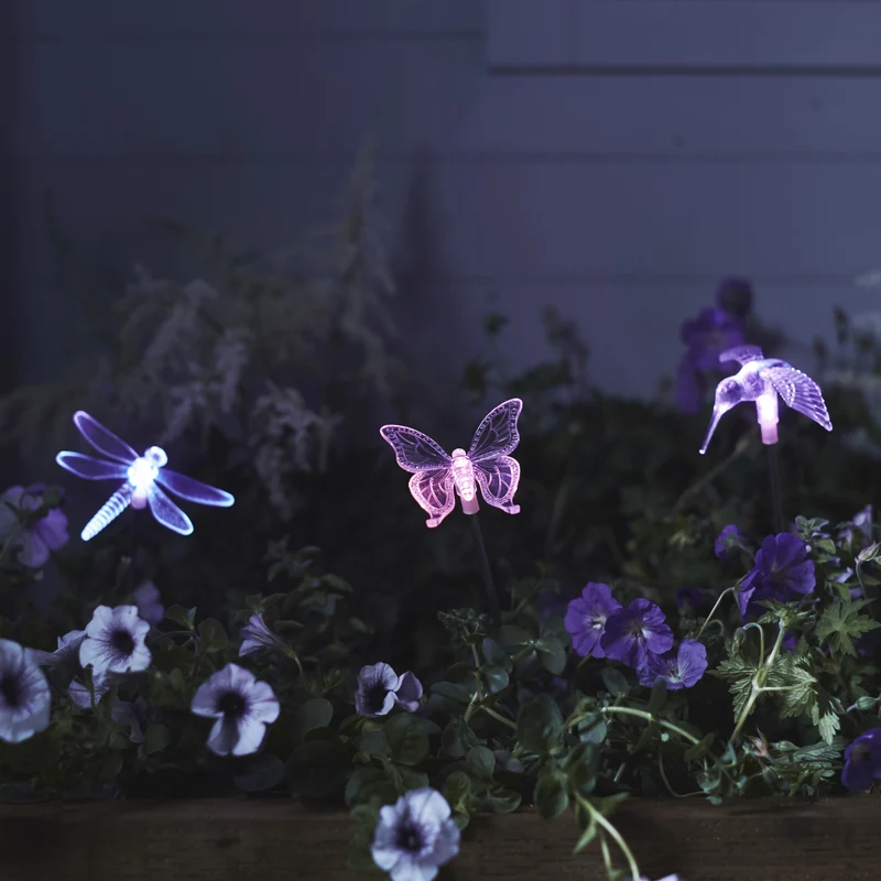 3er Set Solar Stableuchten Libelle, Schmetterling und Kolibri