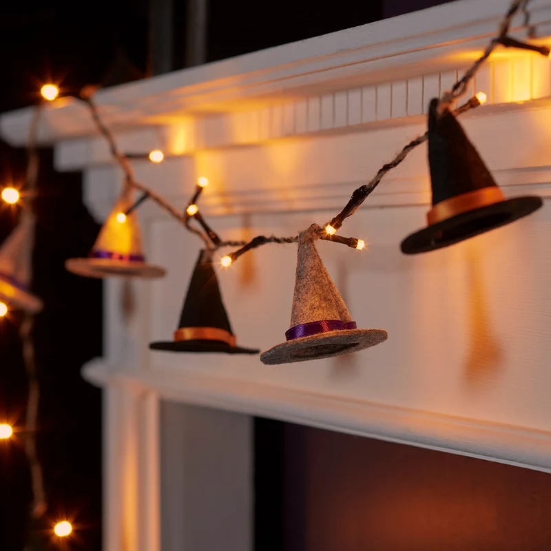 8er Halloween Lichterkette Hexenhut aus Filz