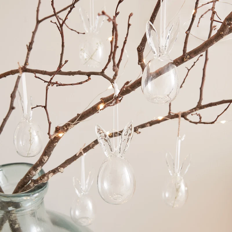6er Set Ostereier mit Hasenohren aus Glas transparent