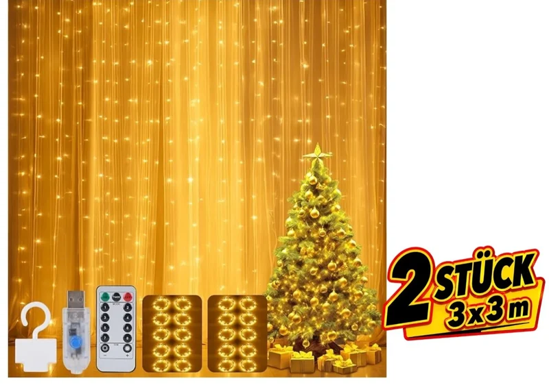 Lichtervorhang LED Warmweiß USB Fernbedienung 8 Modi Timer Hochzeit Deko 3x3m