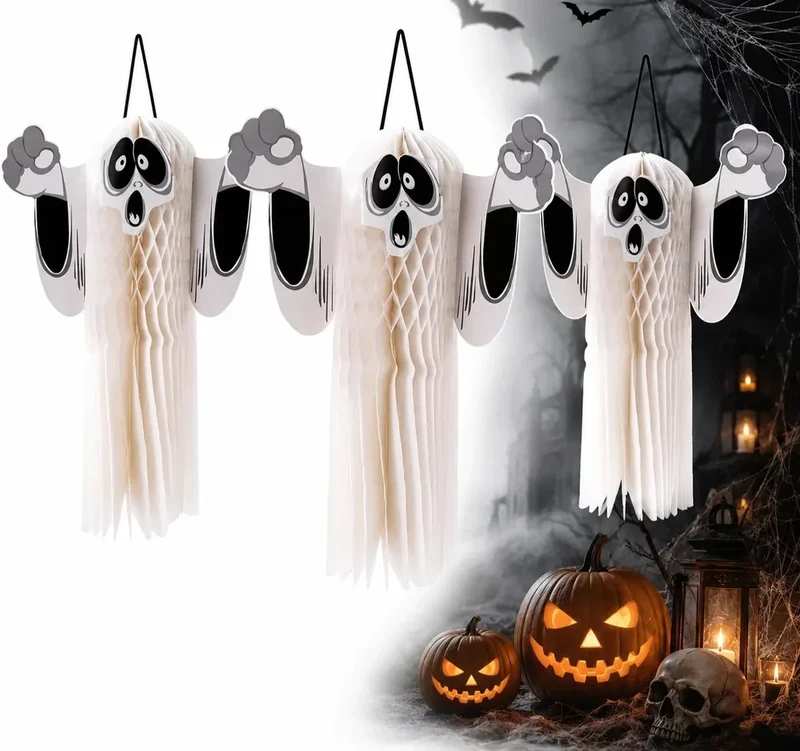 Halloween Geist Deko 51cm Hängend Papier 3D Gespenst Gruseldeko Party Weiß