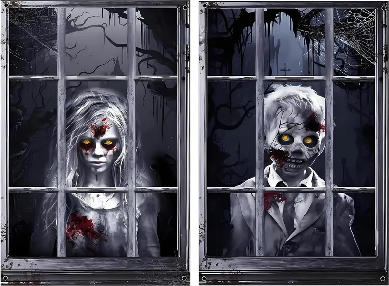 2x Halloween Fensterdeko 80x120cm Horror Fensterbild Gruseldeko Türdeko Wanddeko